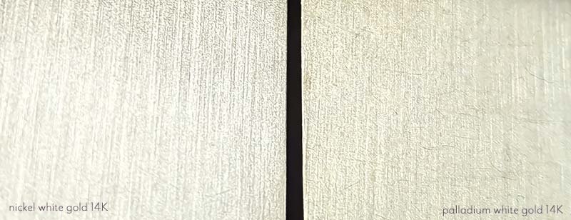 nickel white gold and palladium white gold side by side to show slight color difference, palladium having a slightly warmer color
