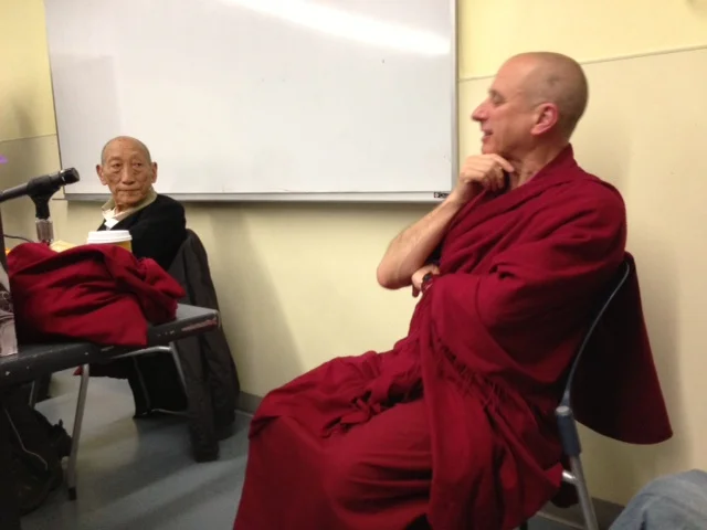  ​Khyongla Rato Rinpoche (left) and Khen Rinpoche Nicholas Vreeland taking questions at The Tibet Center. April 22, 2013.&nbsp; Photo by Jane L. Wechsler  