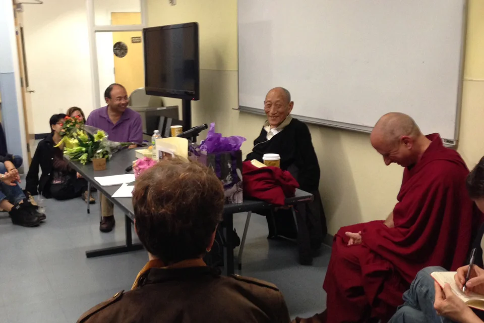  Khyongla Rato Rinpoche (left) and Khen Rinpoche Nicholas Vreeland taking questions at The Tibet Center. April 22, 2013.&nbsp; P  hoto by Rob Hadley  