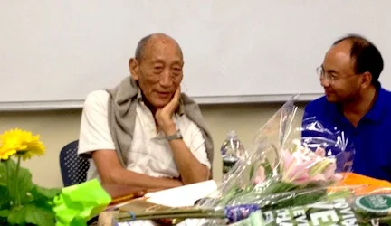  Khyongla Rato Rinpoche (left) teaching on Nagarjuna's Precious Garland with&nbsp;Tenzin Gelek translating. July 1, 2013.&nbsp; Photo by Jane L. Wechsler  
