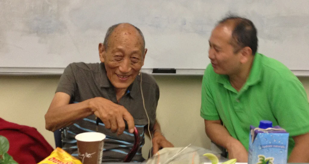 Khyongla Rato Rinpoche (left) teaching on Nagarjuna's Precious Garland, with Thupten Thokmey translating. July 8, 2013. Photo by Jane L. Wechsler