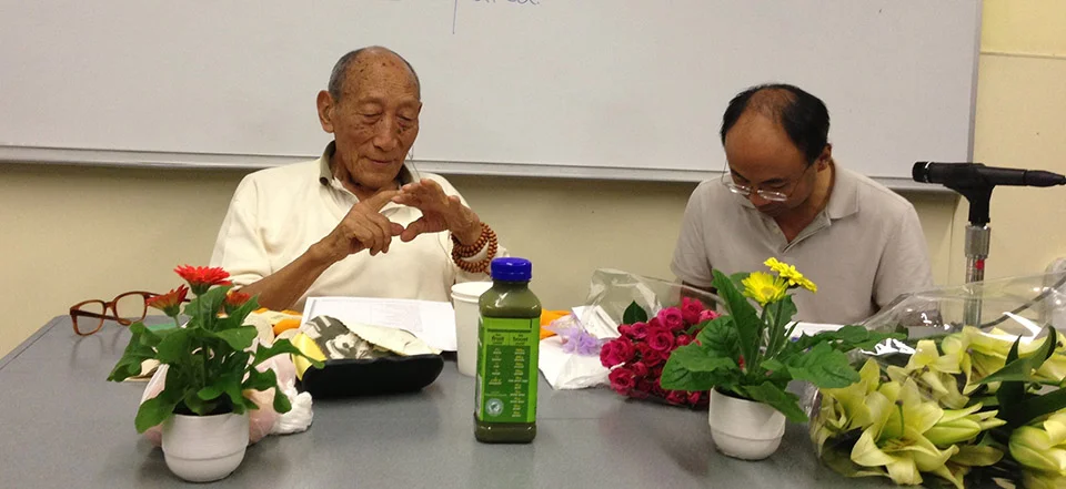 Khyongla Rato Rinpoche (left) teaching at the Tibet Center, with Tenzin Gelek translating. September 9, 2013. Photo by Jane L. Wechsler