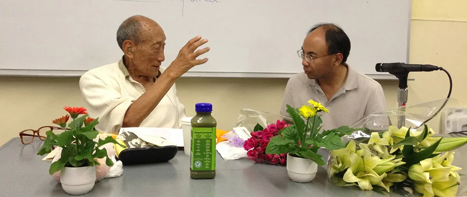 Khyongla Rato Rinpoche (left) teaching at the Tibet Center, with Tenzin Gelek translating. September 9, 2013. Photo by Jane L. Wechsler