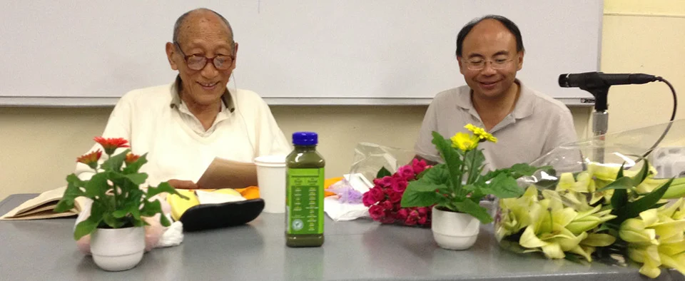 Khyongla Rato Rinpoche (left) teaching at the Tibet Center, with Tenzin Gelek translating. September 9, 2013. Photo by Jane L. Wechsler