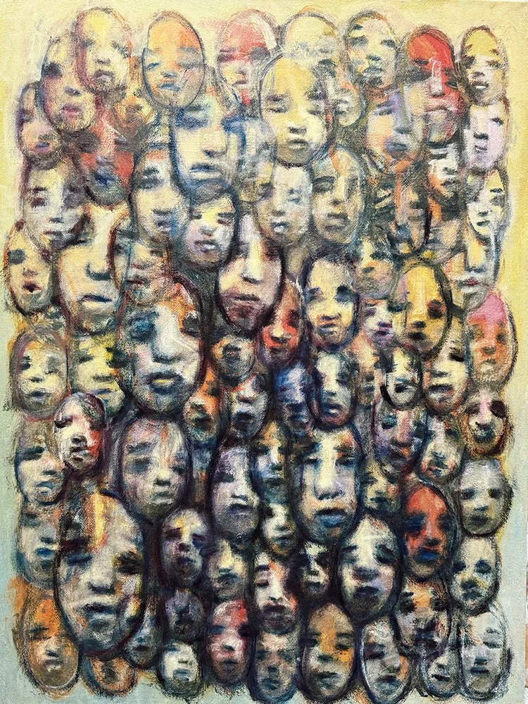 A painting depicting numerous overlapping faces of women with diverse skin tones, rendered in a loose, expressive style with vibrant colors.