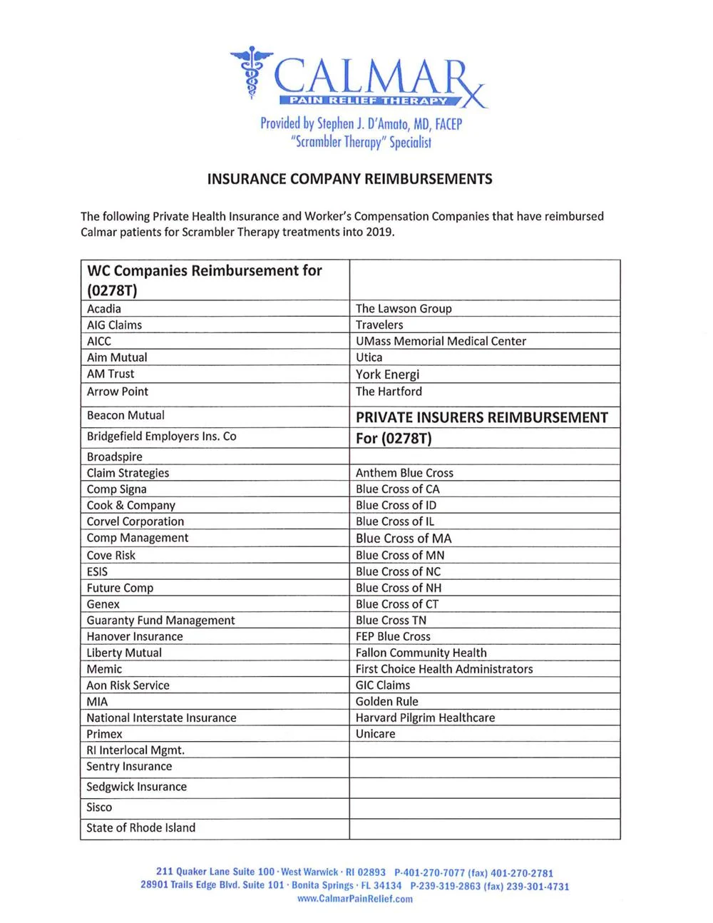 Insurance Calmar Pain Relief Therapy