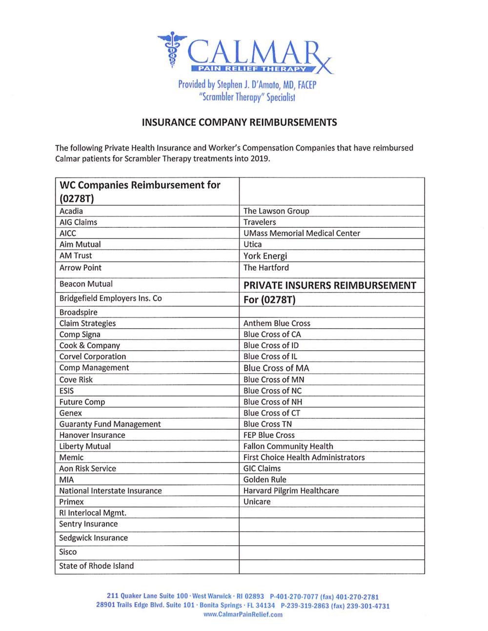 Insurance Calmar Pain Relief Therapy