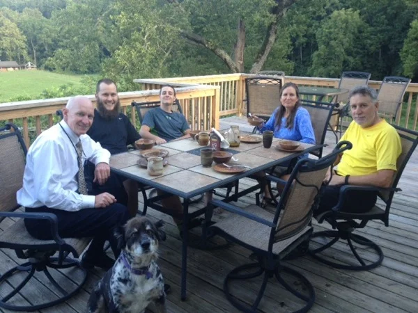 From left- Lee (owner of house), Nathaniel and Will (cyclists from Louisville), Rebecca (owner of house), Dean (cyclist from Nova Scotia)