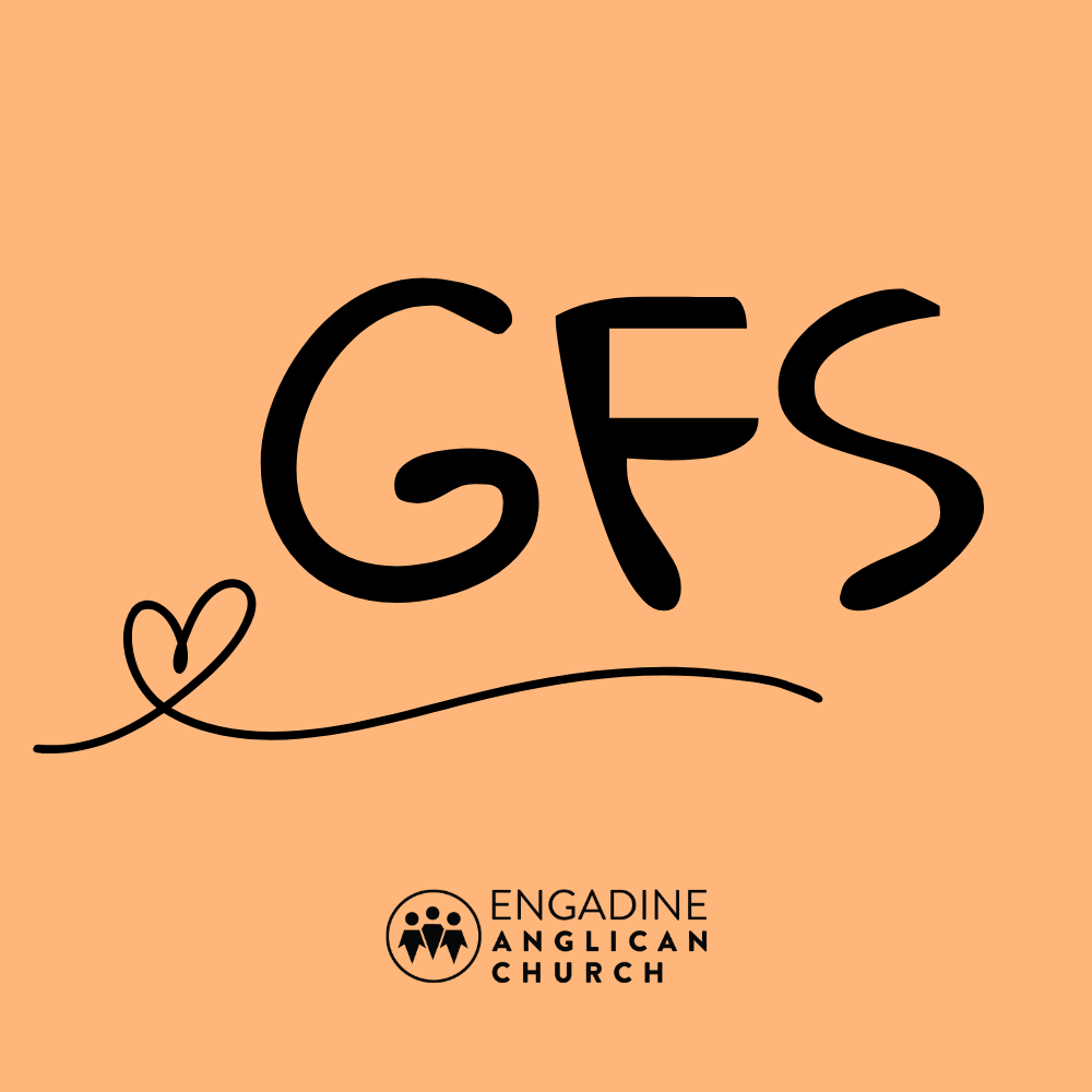 Graphic design with the word GES in large black handwritten letters on a peach background. Below, there is a small logo with three figures inside a circle, and the text "Engadine Anglican Church" beneath it.