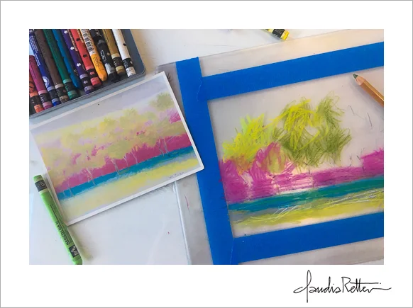 Monotype using water-soluble crayons and colored pencils