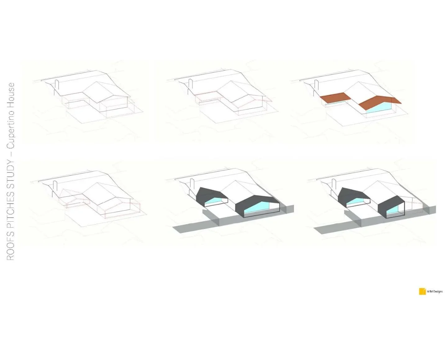 Gable House, Cupertino, 2022. The series of roof study drawings were part of the early research for this residential project. We explored the history of Mid-Century Modern architectural components that took over the typical suburbs of California, the