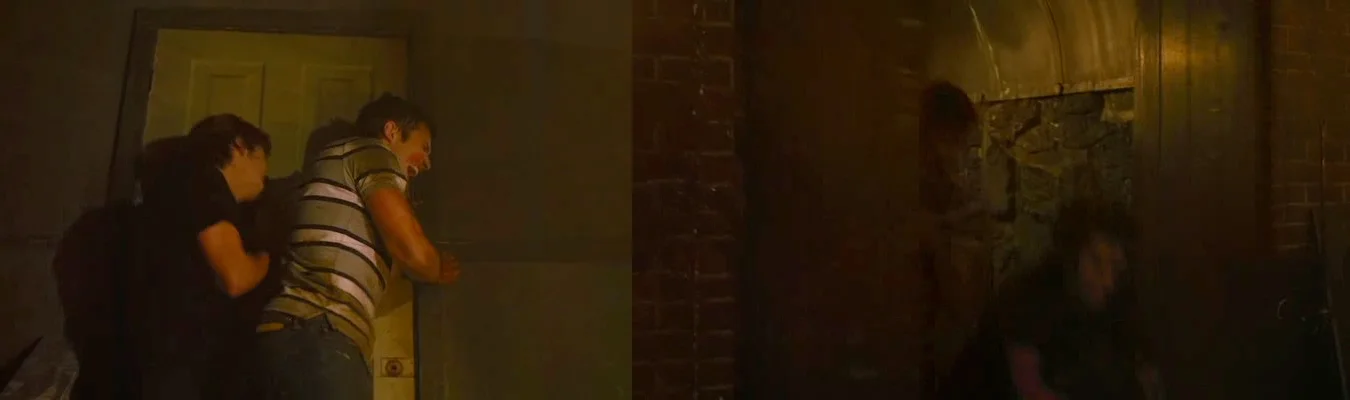 The witch is so powerful, she can turn a single white door into double brown doors on the other side.