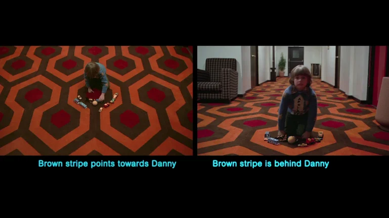  The direction of the carpet changes. But so does the positioning of the toys and the urn.