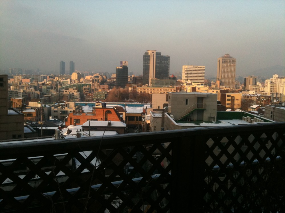 Taking a break in the 7 hour writing class, the view across downtown Seoul is quite bueariful