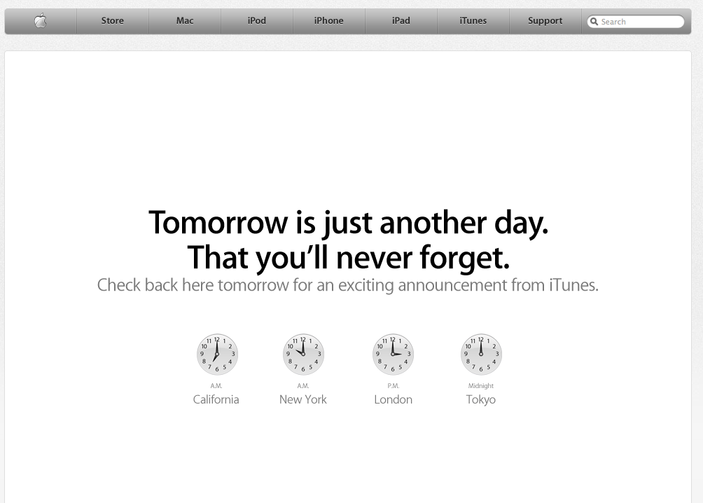 Awesome use of their website home page. Rumour has it that Apple are about to announce that The Beatles will finally be available to buy on iTunes… For those of us in Seoul – we'll find out at 12pm 