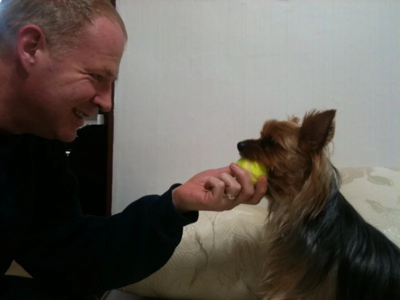 Now, sometimes Barney can be very intelligent. Other times he can be downright stupid. Here I am trying to teach Barney to give me the ball. Does he do it? No. What does he give me instead? His hand!!! Sent from my iPhone