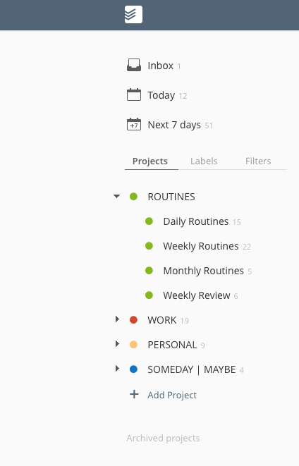 A screenshot of how I organise my routines in Todoist