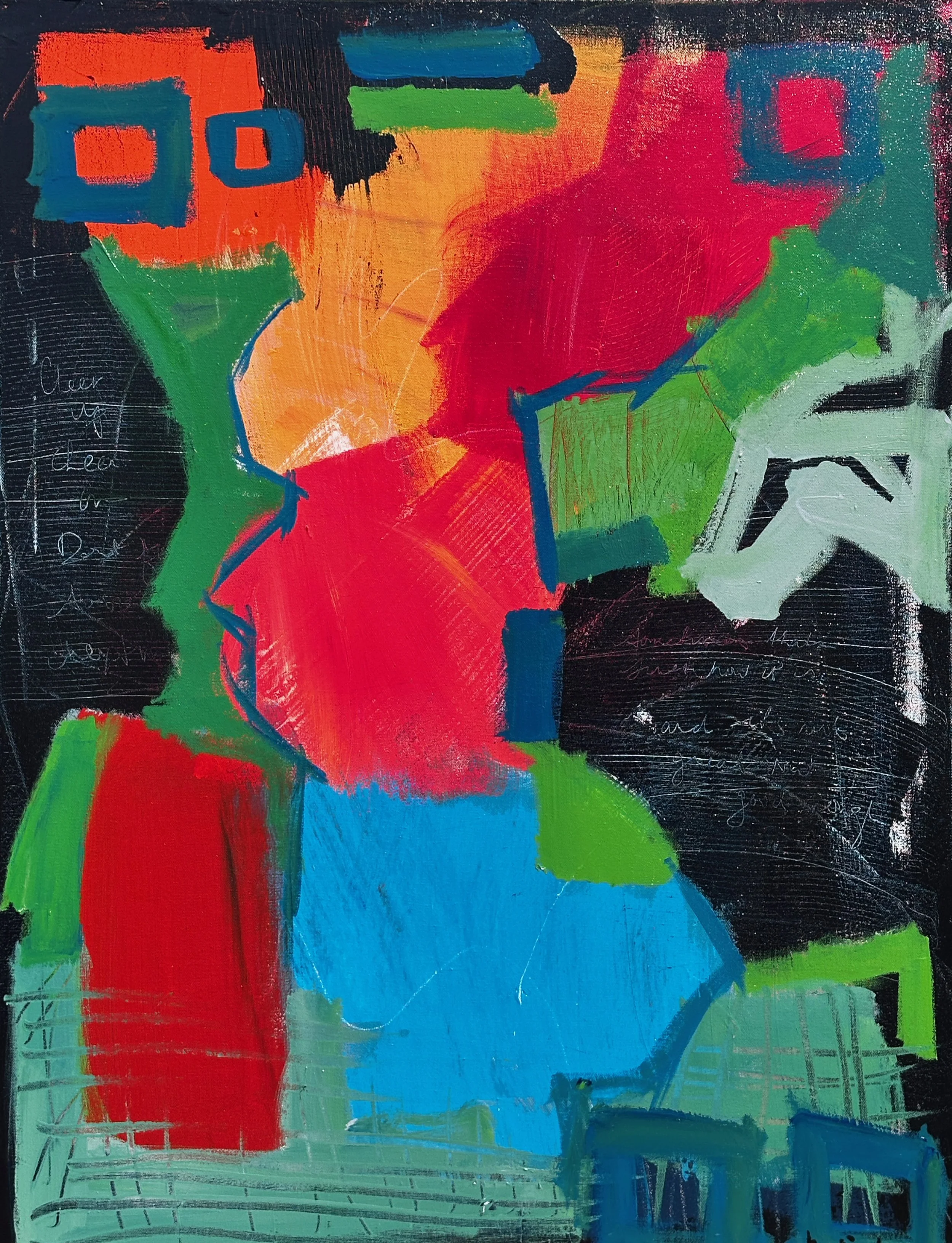 Abstract colorful artwork with various shapes in red, blue, green, black, orange, and yellow, featuring handwritten text and scribbles.