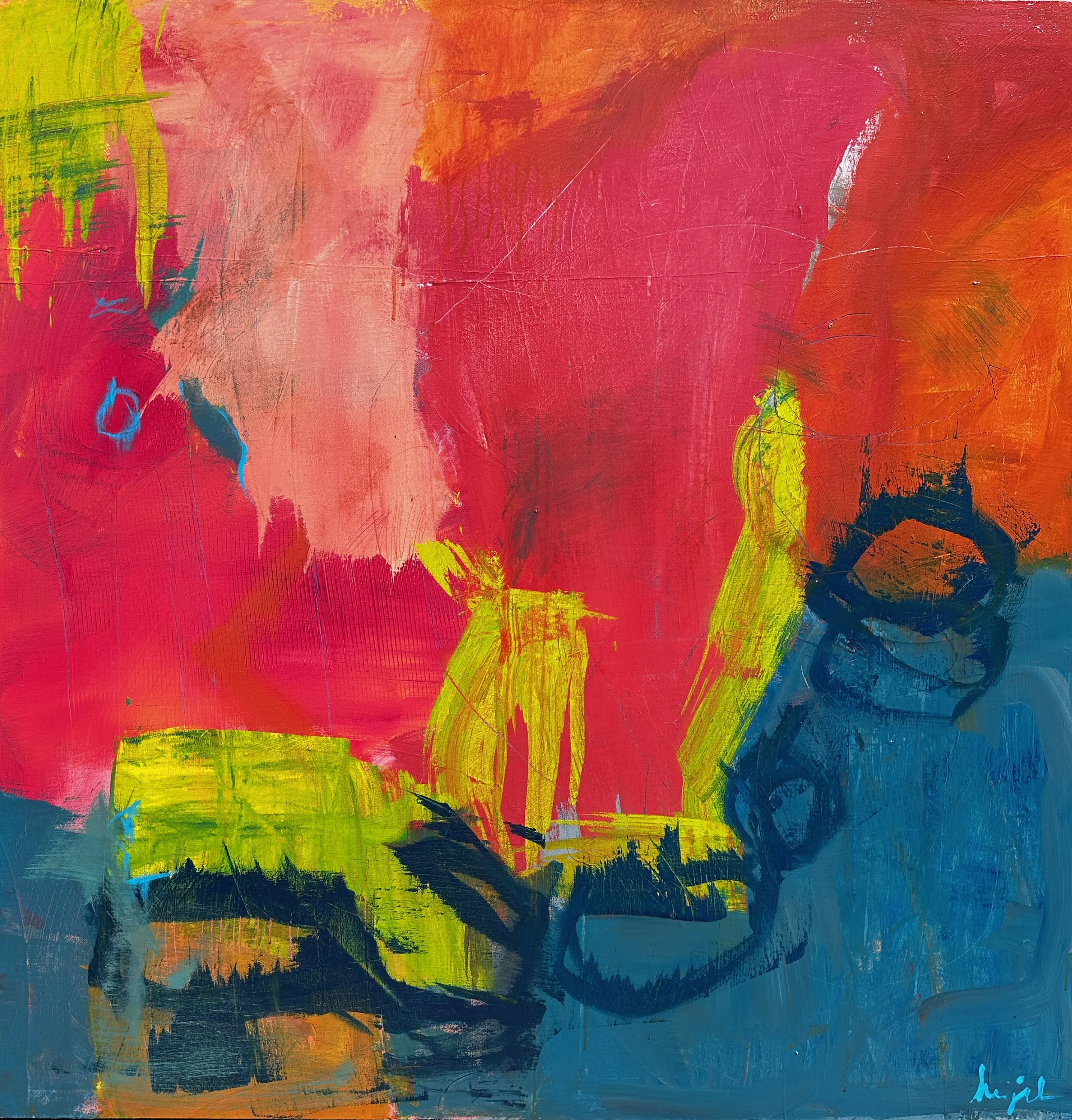 Abstract painting with bold streaks and patches of pink, red, orange, yellow, blue, and black colors.