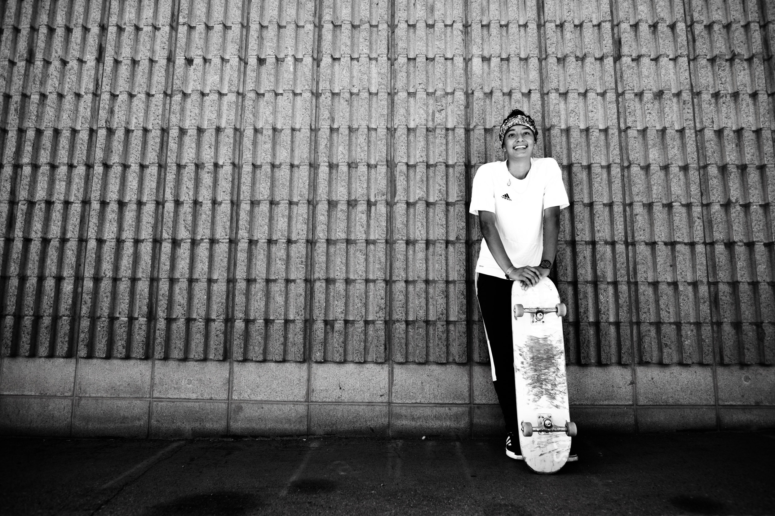 Pro skateboarder Mariah Duran, photographed in Minneapolis Minnesota, ahead of the Summer X Games, July 17th, 2018. Photo by Nate Ryan