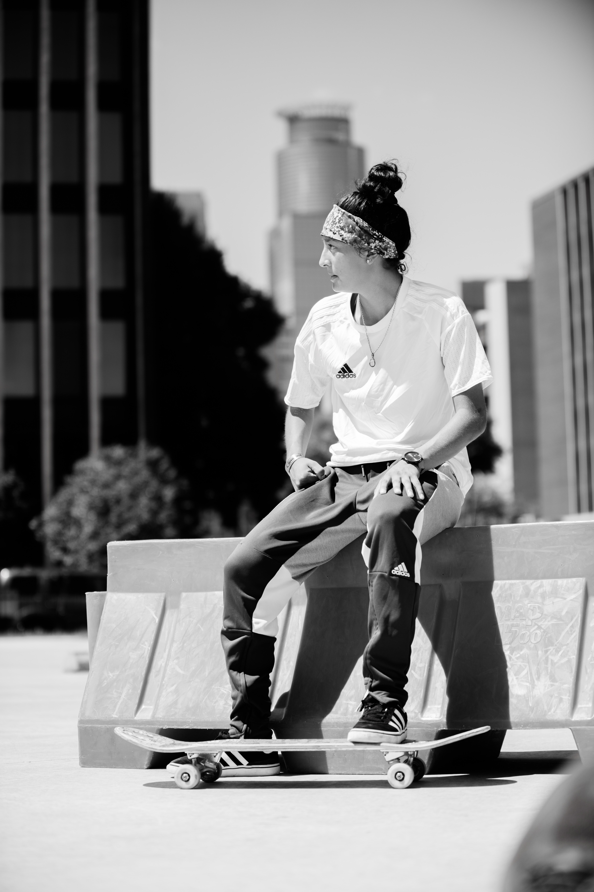 Pro skateboarder Mariah Duran, photographed in Minneapolis Minnesota, ahead of the Summer X Games, July 17th, 2018. Photo by Nate Ryan
