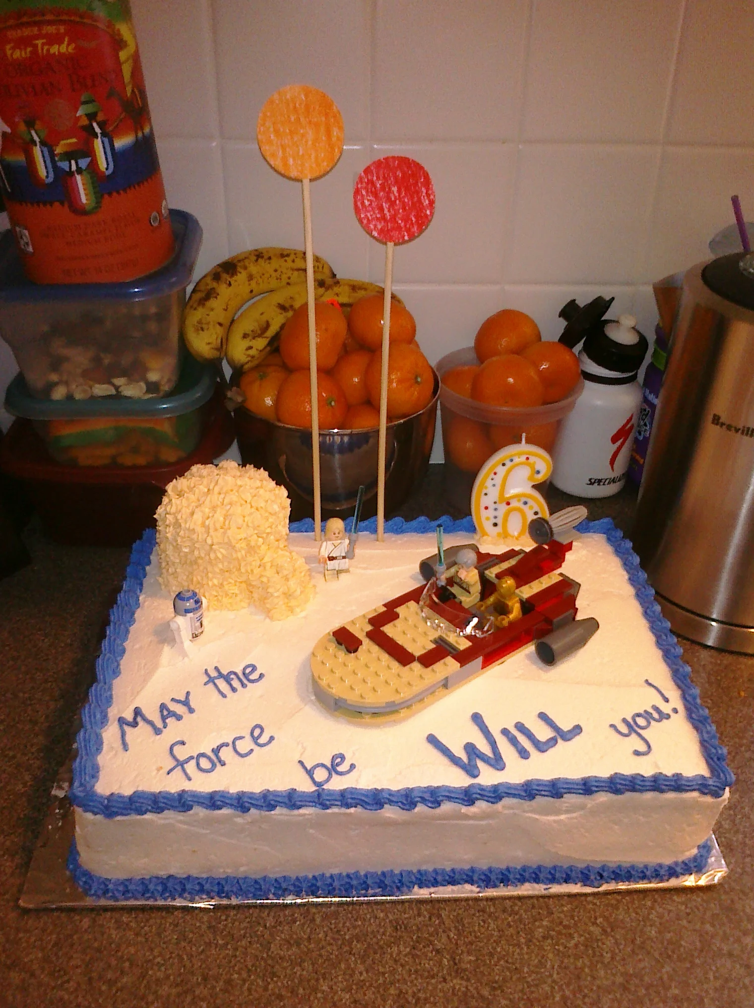 Yes, he does. Complete with bad pun and the twin suns of Tatoonie.