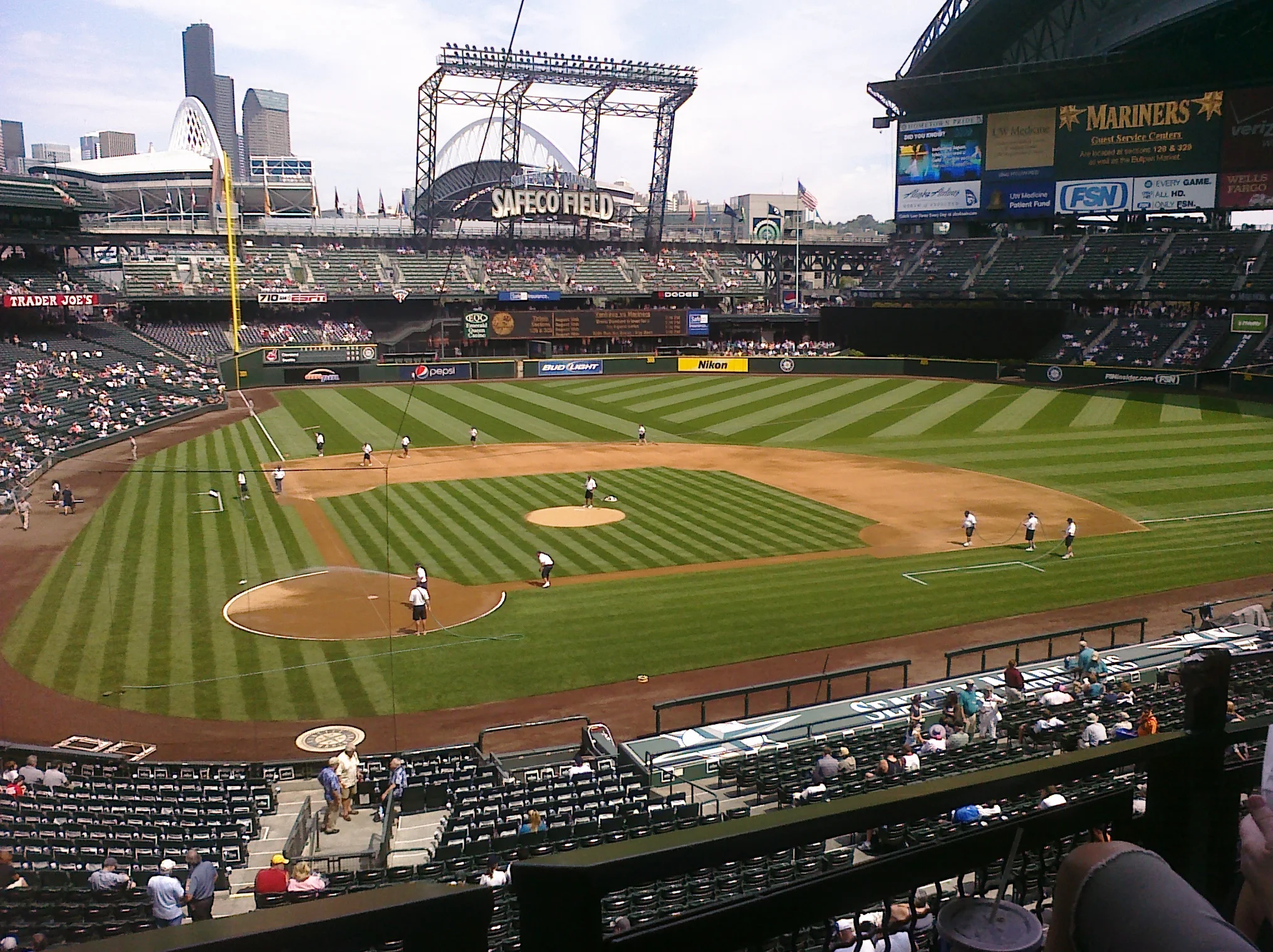 View from our (me &amp; @cliu) seats. An army of grounds crew. Giants do this with like 4 guys &amp; a seagull right?