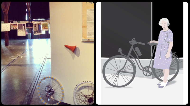 Poster on the right, hanging on the line in the gallery on the left.
