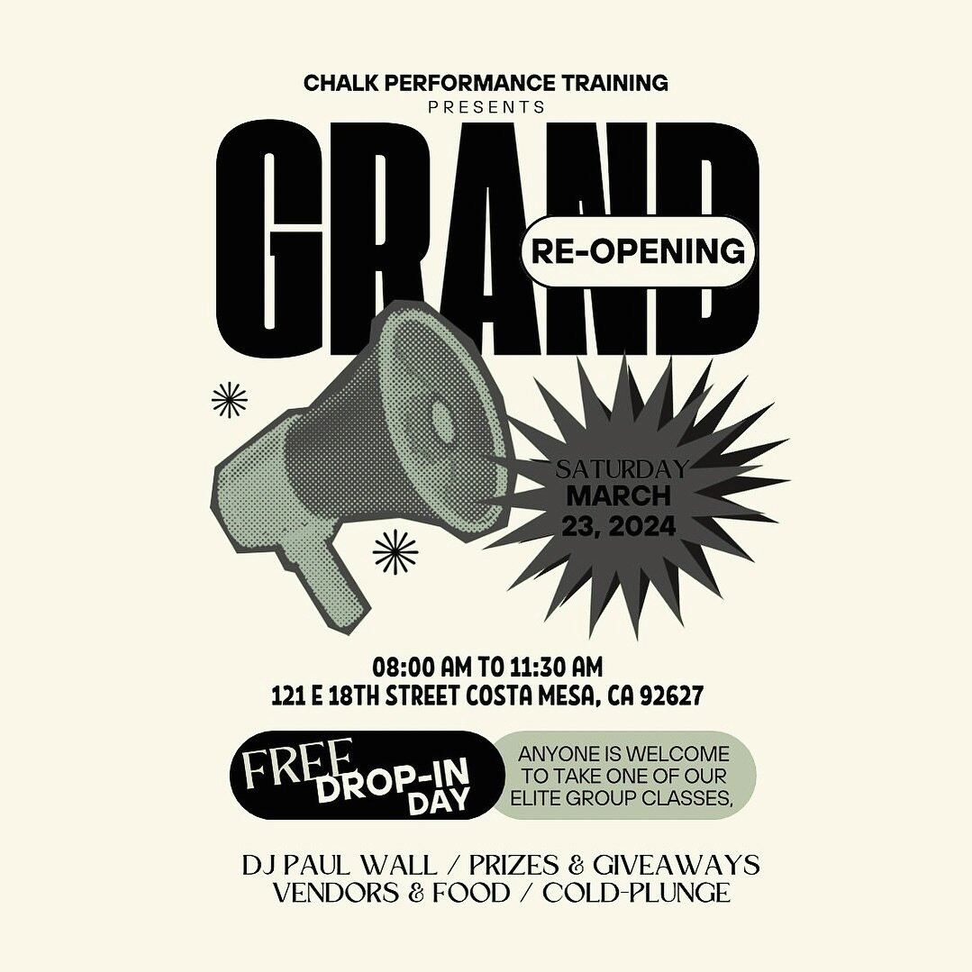 We&rsquo;re excited to be a part of the @chalkperformancetraining.gym re-opening! ✨💪

When: Saturday, March 23rd

FREE DROP-IN DAY // GRAND RE-OPENING

Invite all your friends, family, and gym rats to come and join us in an elite group fitness class