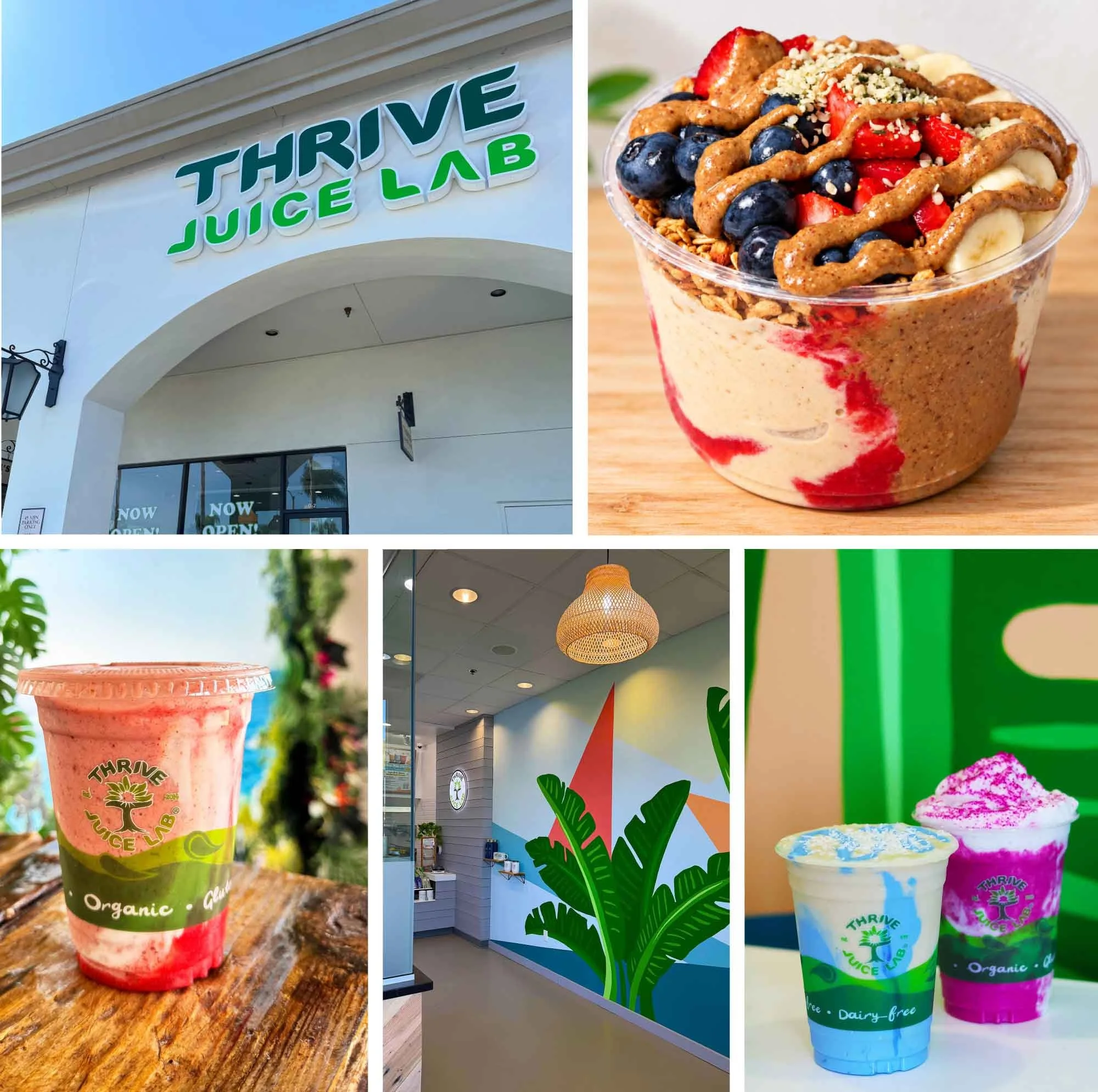 Thrive Juice Lab collage featuring fresh fruit smoothie bowl, colorful smoothies, the vibrant store interior, and exterior