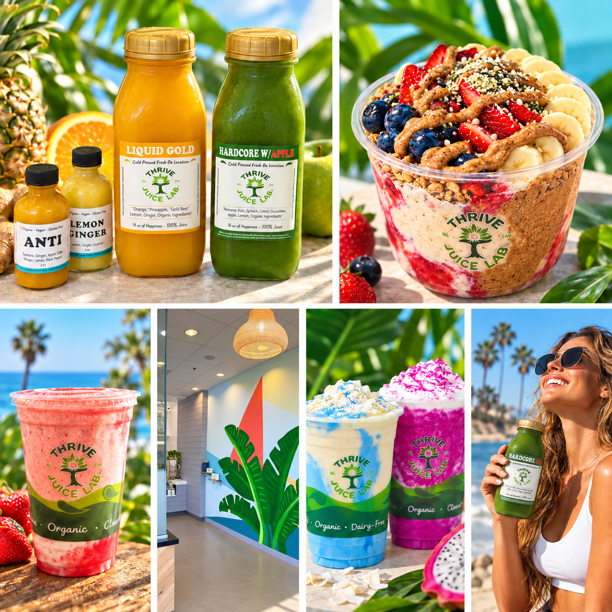 Thrive Juice Lab collage featuring cold-pressed juices, a fresh fruit smoothie bowl, colorful smoothies, the vibrant store interior, and a customer enjoying a green juice by the beach.