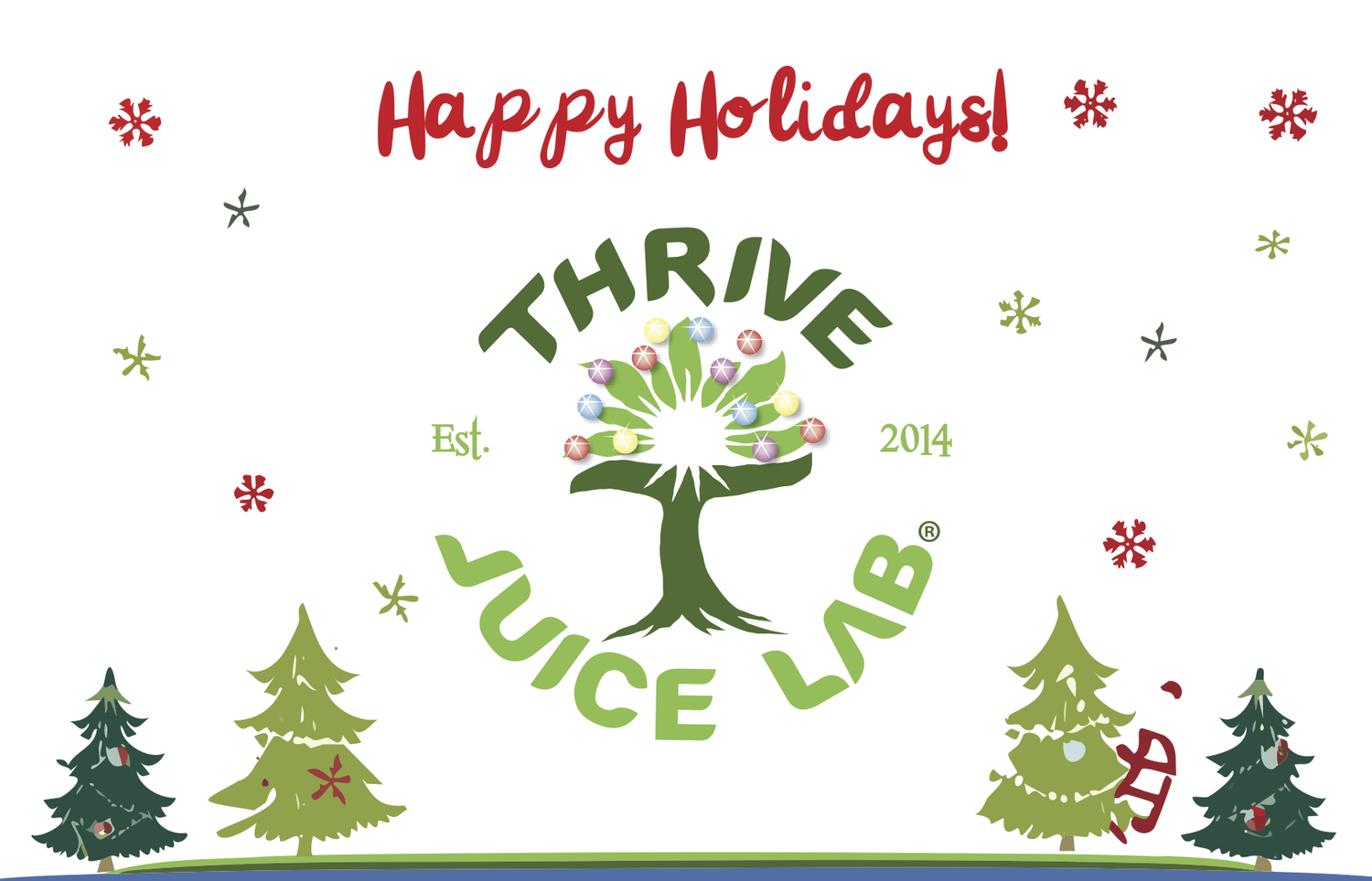Thrive Juice Lab Happy Holidays gift card with festive trees and snowflakes.