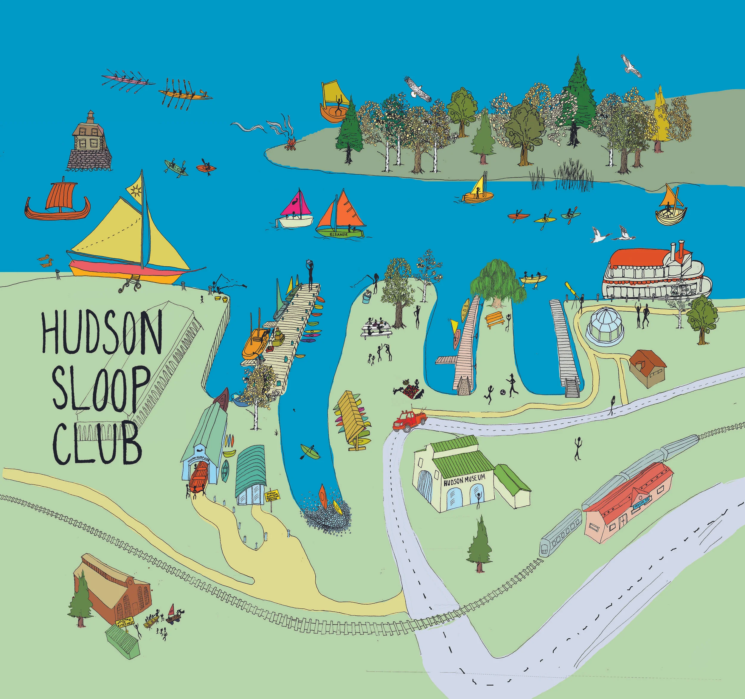 A beautiful new rendering by our own Cara Turrett incorporating many of our ideas for a community oriented Hudson waterfront . Some features to note are.... Kayak shack for secure public boat storage on Ricks point. A gently graded pea gravel small boat launch for kayaks, canoes, paddle boards etc... in Slip #2 A river based educational center and boat shop with a restored public pier between slips #1 and #2 The Hudson Museum occupying the former Dunn building The Vermont Freight Sail Project docked and unloading cargo And much more... 