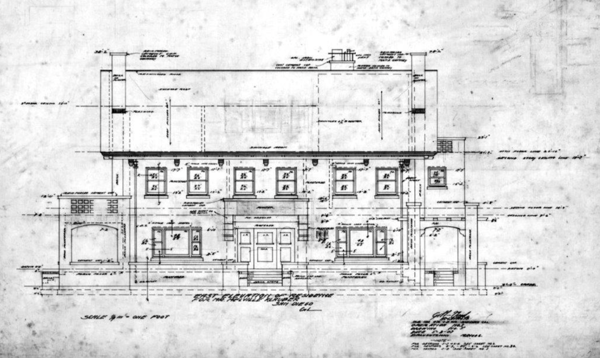 Architectural sketch of the Gemmell House and Studio, a 1916 Pueblo Revival home by Mead and Requa in San Diego's Mission Hills neighborhood.