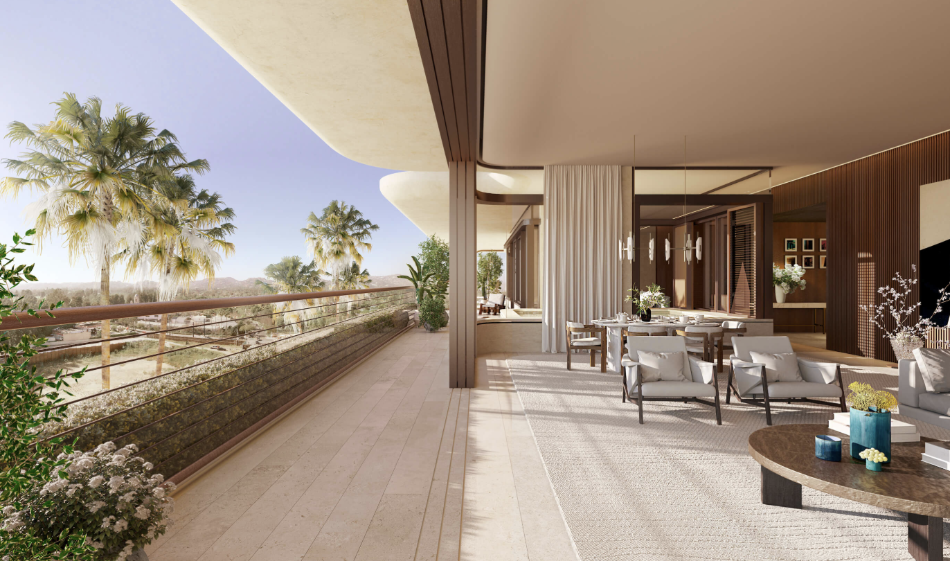 Expansive terrace at Aman Beverly Hills residences featuring outdoor dining, landscaped gardens, and panoramic views of Los Angeles Country Club