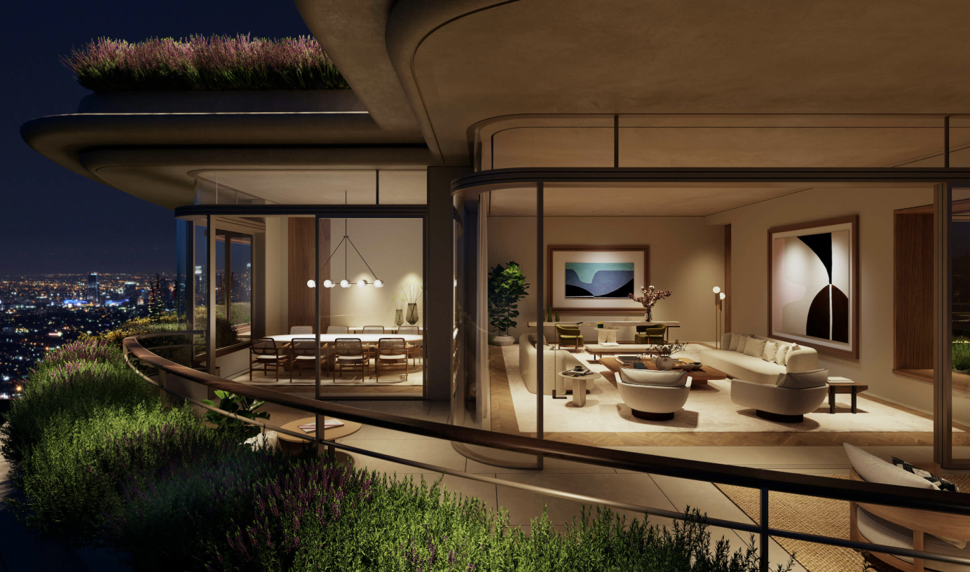Aman Beverly Hills luxury residence terrace at dusk showcasing floor-to-ceiling windows, private outdoor space, and downtown Los Angeles city views