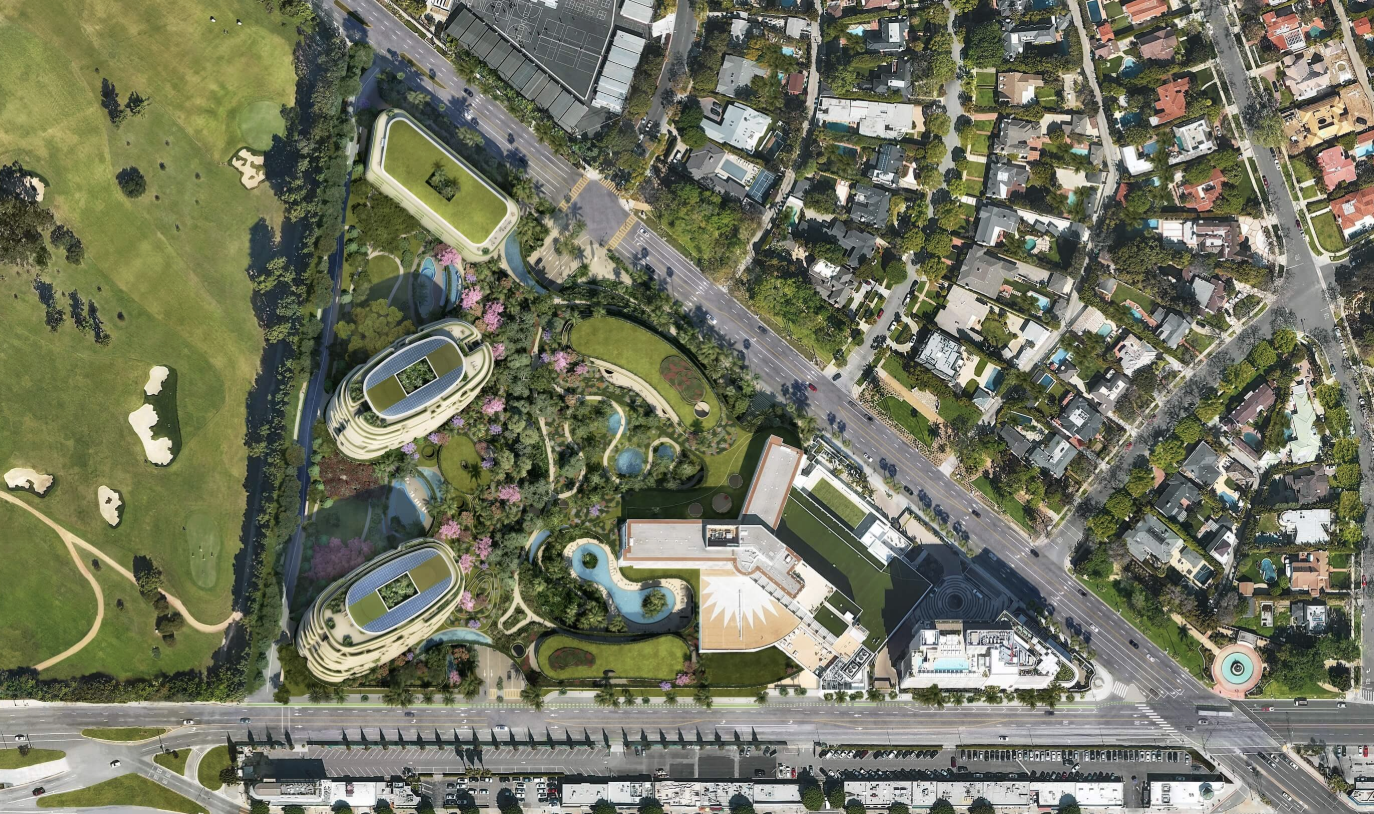 Aerial view of One Beverly Hills development showing Aman residential towers, 10-acre botanical gardens, and location adjacent to Los Angeles Country Club in Beverly Hills