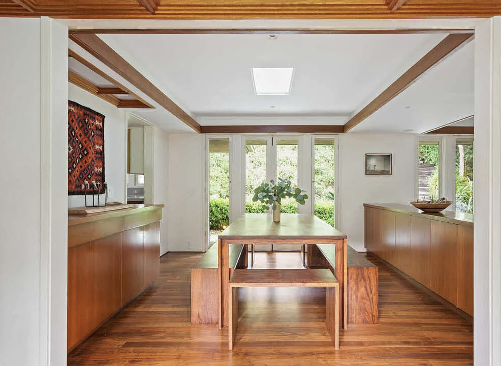 Fine wood detailing and step-down living room in James De Long Usonian home Studio City