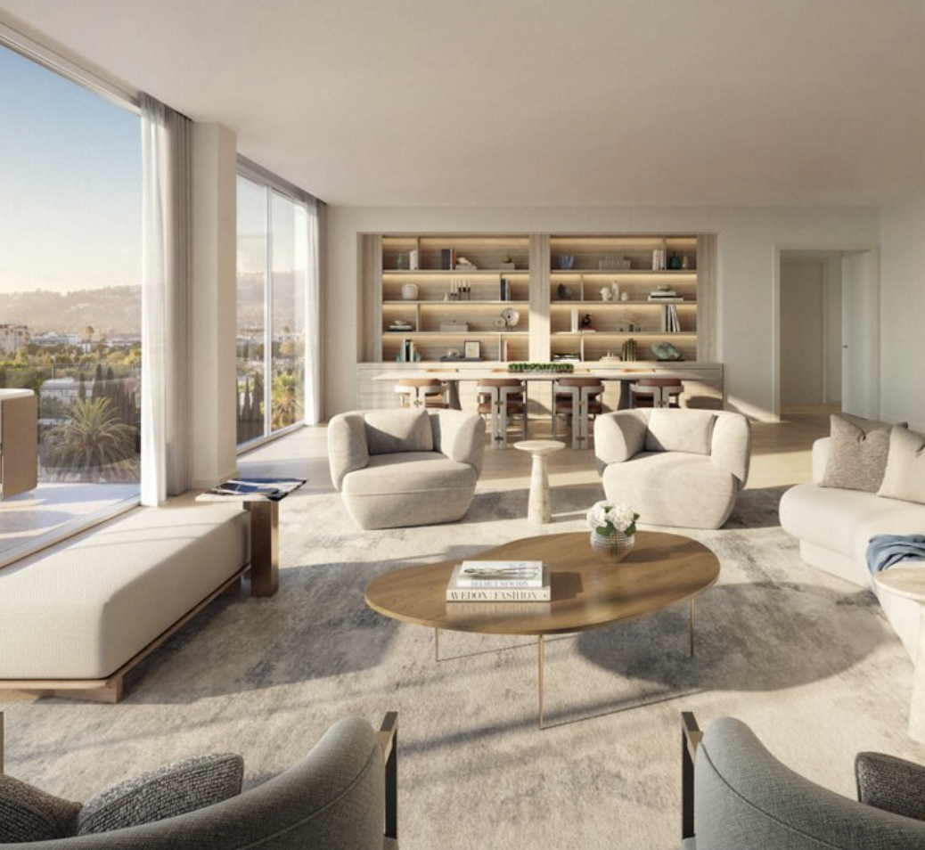 Beverly Hills branded residence penthouse living room with Hollywood Hills views