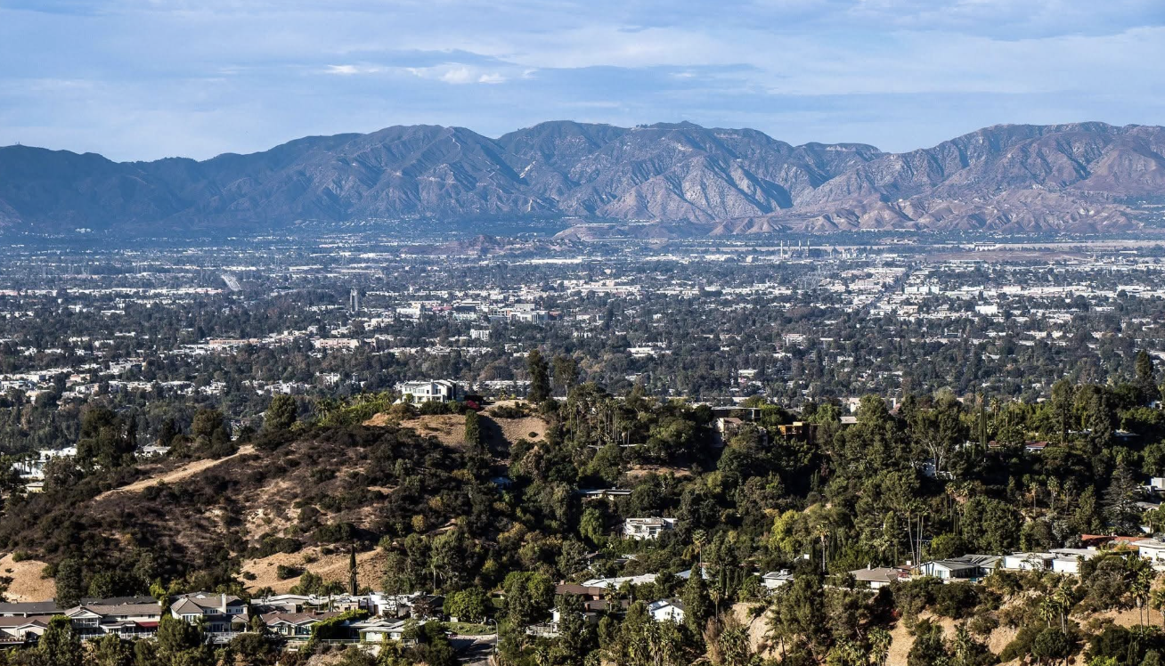 Hillside homes below Mulholland Drive seen from the Fryman Canyon Overlook above Studio City.