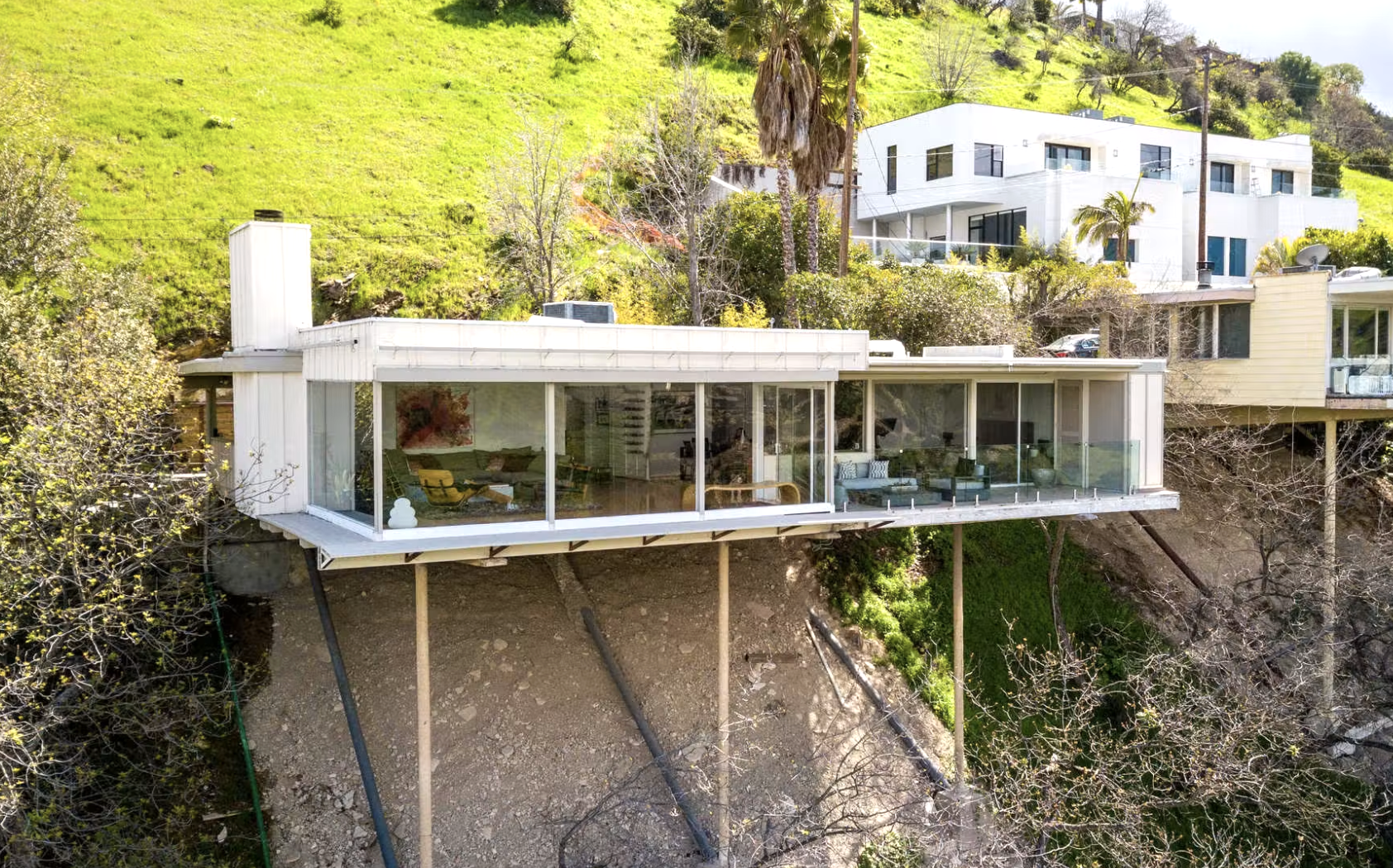 A Stone-Fisher Platform House on Oakfield Drive in Sherman Oaks, a mid-century home by Richard Neutra cantilevered over a steep hillside above Beverly Glen Boulevard.