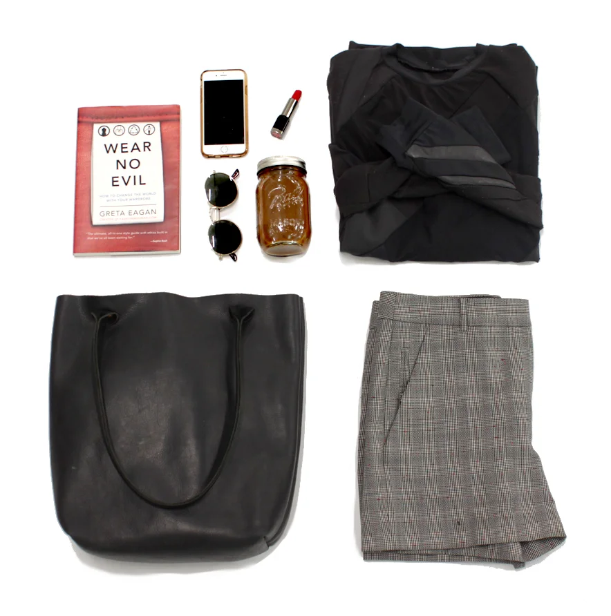 balance out your Alexander Wang work shorts (not eco, but are easily revived from the fashion wasteland when thrifted from CROSSROADS ) with your ZWD long sleeve raglan, and a HAWKS AND DOVES sexy recycled statement bag, read WEAR NO EVIL by Greata Eagan during your morning commute, while sipping your coffee in a BALL mason jar, this pocket guide to sustainable dressing is a quick easy summer read that will change your life. seriously. you're welcome. 