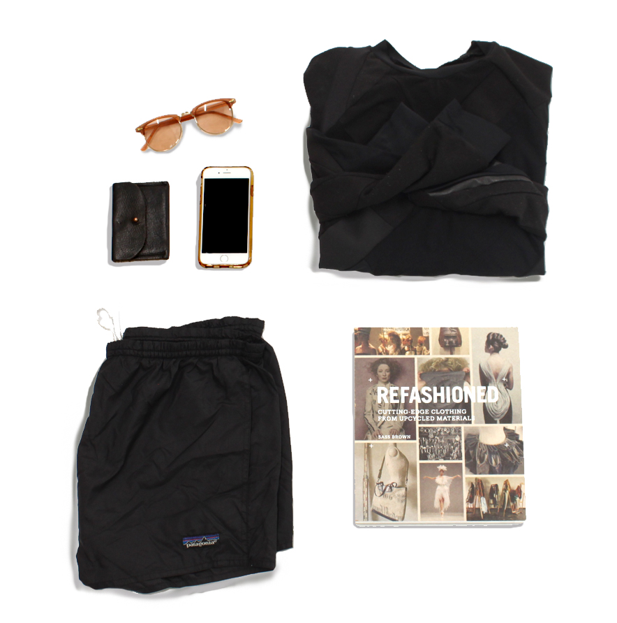 take a dip in swim shorts from PATAGONIA leaders in the sustainability game, and do that whole...i'm not trying "athleasure" thing with ZWD on top, get your diy fix with REFASHIONED by Sass Brown, and store cash for frozen margaritas in HAWKS AND DOVES recycled leather wallet.