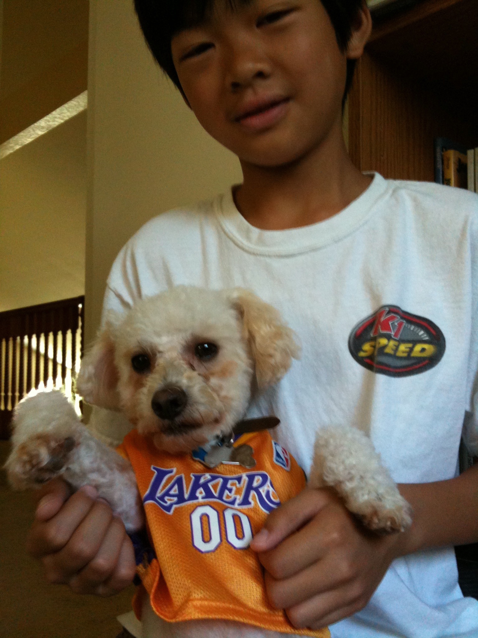 The boy and the dog are ready for the NBA Finals.