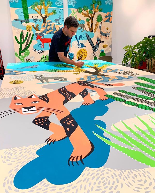 @crumjay doing some final touch ups on the @trailsendmodern mural 🌵
.
.
.
.
.
.
#mural #triptych #modern #pioneertown #palmsprings #joshuatree #yuccavalley #california #floraandfauna #artoncanvas #serendipity #acryliconcanvas #artistsoninstagram #ca