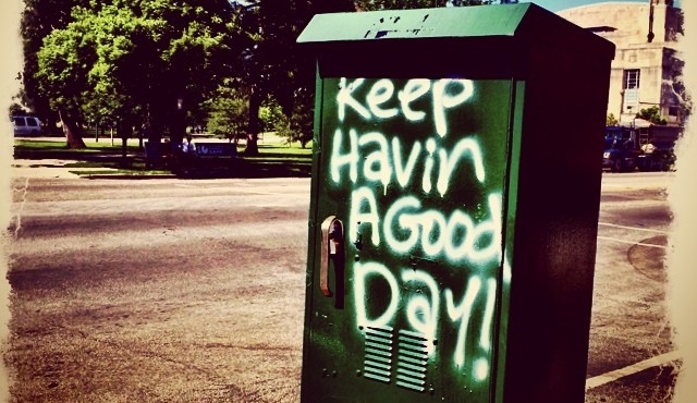 A graffitied electrical box cross the street from a park in Chicago