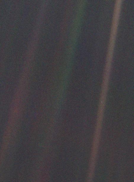 NASA / JPL THE PALE BLUE DOT OF EARTH This image of Earth is one of 60 frames taken by the Voyager 1 spacecraft on February 14, 1990 from a distance of more than 6 billion kilometers (4 billion miles) and about 32 degrees above the ecliptic plane. In the image the Earth is a mere point of light, a crescent only 0.12 pixel in size. Our planet was caught in the center of one of the scattered light rays resulting from taking the image so close to the Sun.