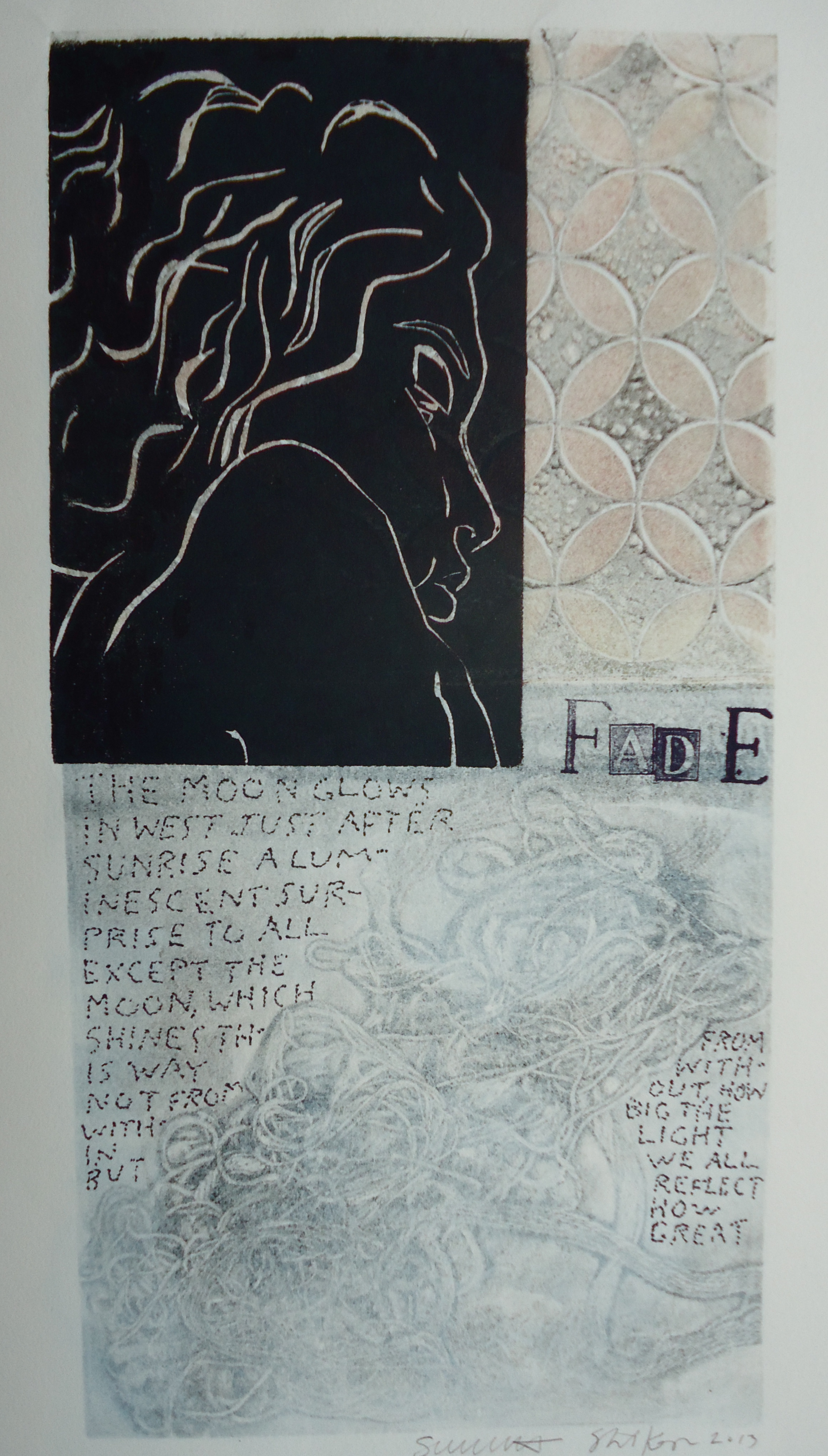   Fade   6 x 12 inches  mixed media  image: Susan Webster  hand written and stamped&nbsp;text: Stuart Kestenbaum  2013 