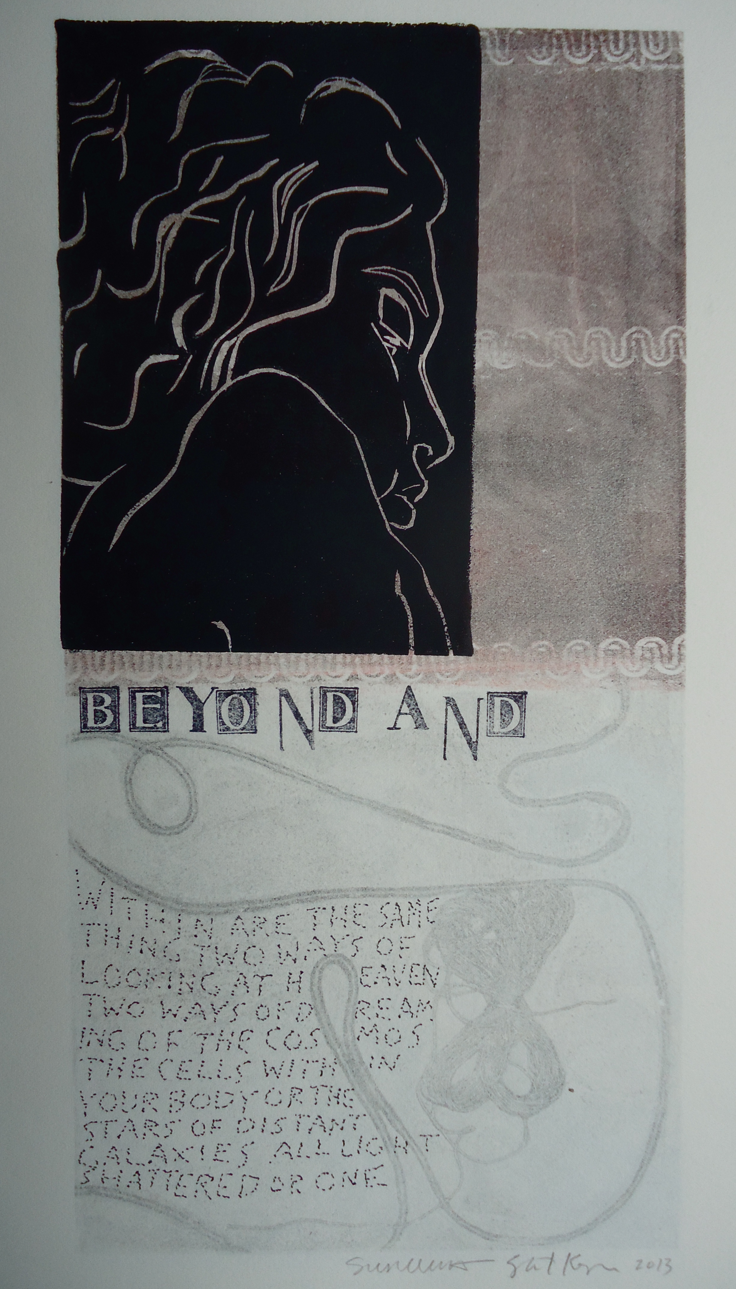   Beyond And   6 x 12 inches  mixed media  image: Susan Webster  hand written and stamped&nbsp;text: Stuart Kestenbaum  2013 