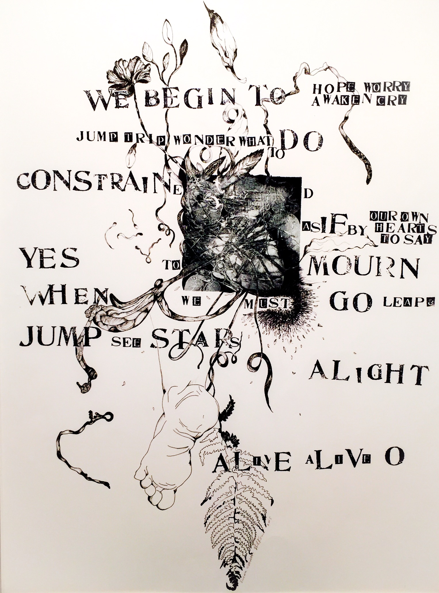   Alight   23 x 30 inches  mixed media  image: Susan Webster   hand stamped text:Stuart Kestenbaum   2015 